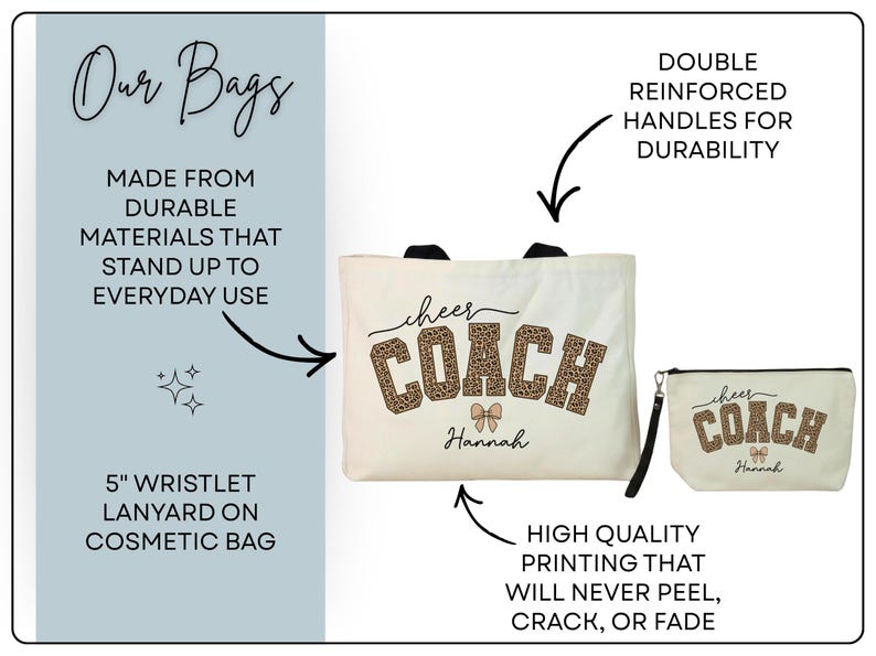 May include: Cream-colored tote bag and cosmetic bag set. The bags feature the text "cheer COACH" in a leopard print design, with the name "Hannah" below. The tote bag has double reinforced handles. The cosmetic bag has a 5" wristlet lanyard.