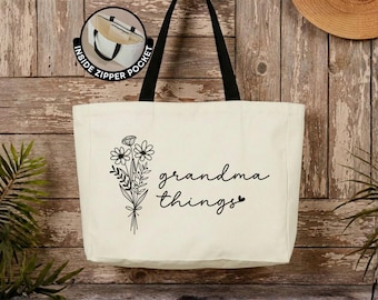 Grandma Things Floral Tote Bag Grandma Gift Wildflower Canvas Tote Mother's Day Gift for Grandma Botanical Bag