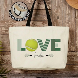 Personalized Tennis Tote Bag Custom Name Tennis Player Canvas Tote Tennis Coach Travel Tote Bag Gift Tennis Mom Reusable Bag