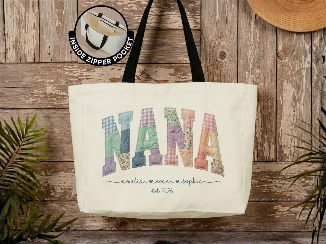 Personalized Nana Tote Bag with Grandkids Names Custom Faux Patchwork Nana Travel Tote Bag