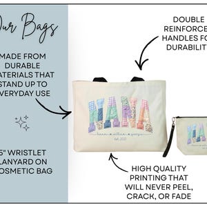 Pode incluir: Uma bolsa tote cor de creme e uma n&eacute;cessaire a combinar, ambas com a palavra NANA numa fonte colorida estilo patchwork. Abaixo do nome est&atilde;o tr&ecirc;s nomes menores e o texto EST. 2020. A n&eacute;cessaire inclui uma al&ccedil;a de pulso de 12,7 cm.