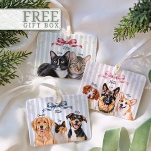 May include: Three rectangular hanging ornaments featuring illustrations of pets. Each ornament displays the year 2026, a decorative bow, and names above the animals. The designs include cats and dogs in various breeds and colors on striped backgrounds.