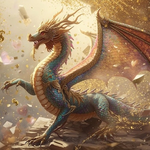 May include: A detailed illustration of a dragon with a gold and teal body, red eyes, and large wings. The dragon is surrounded by gold dollar signs and confetti, creating a fantasy theme.