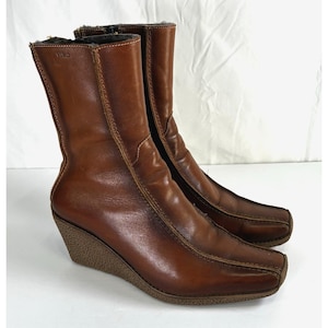 Vintage Viko Brown Leather Wedge Ankle Boots EU 39 US 8.5 Square Toe Zip