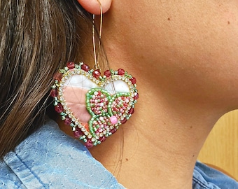 Velvet Ribbon Floral Heart Earrings Native American Beadwork Embroidered Jewelry Handmade Earrings