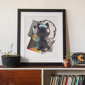 May include: Framed art print. The image shows a glossy black cat sculpture with a reflective surface, set against a backdrop of geometric shapes and iridescent colours. The artwork is displayed in a black frame.
