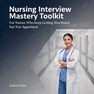 Könnte beinhalten: Eine Ärztin in einem weißen Kittel und blauer Kleidung mit einem Stethoskop steht in einem Krankenhausflur. Der Text lautet: "Nursing Interview Mastery Toolkit" und "For Nurses Who Keep Getting Shortlisted but Not Appointed."