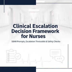 May include: A white graphic with the text "Clinical Escalation Decision Framework for Nurses" and "SBAR Prompts, Escalation Thressholds & Safety Checks." Features checklist and speech bubble icons, set against a blurred hallway background.