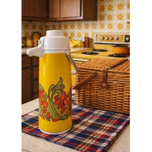 May include: A vintage yellow thermos with a white top and floral design, next to a wicker picnic basket on a plaid cloth. The thermos has a silver handle and a push-button dispenser. The scene evokes a retro aesthetic.
