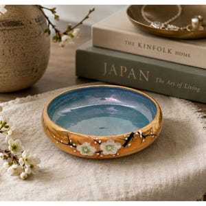 Vintage Hand Painted Japanese Lusterware Bowl / Cherry Blossom Motif / Blue and Peach / Hairline Crack