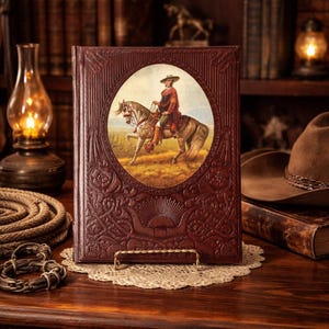 May include: A brown leather-bound book with an oval portrait of a cowboy on horseback. The cover features embossed floral and geometric patterns. The book is displayed on a decorative stand, with a doily underneath, and is surrounded by other vintage items.