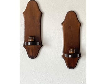Vintage Wooden Wall Sconces / Pair /Early American Colonial Revival Candle Holders / 1970s