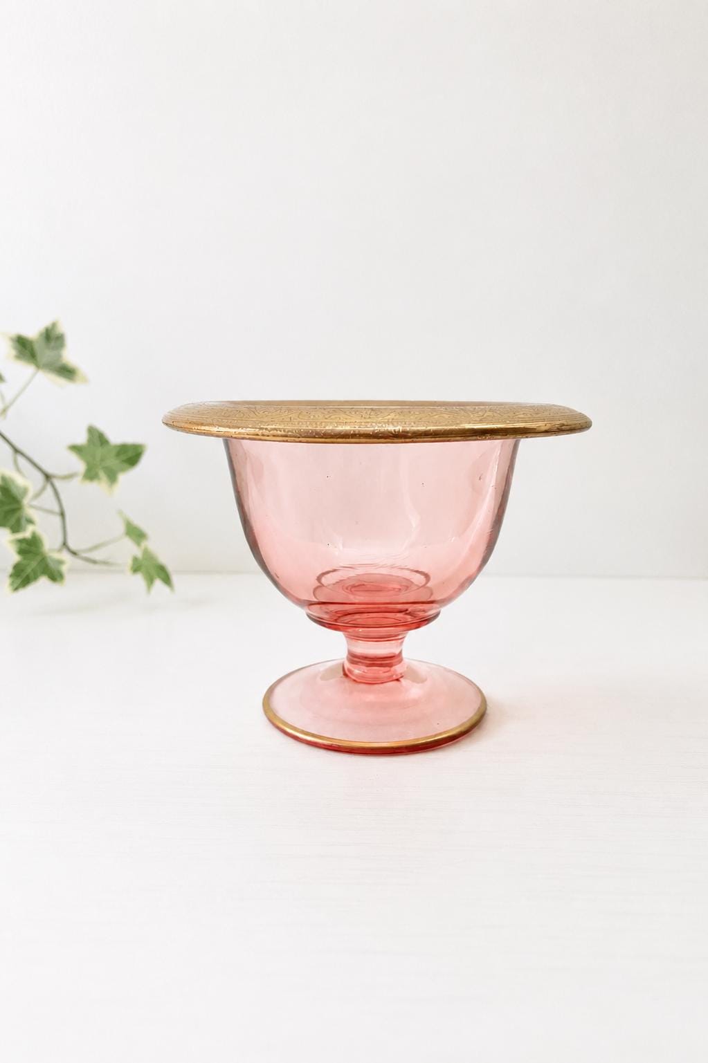 Vintage Pink Glass Compote Pedestal Bowl with 22k Embossed Gold Rim 1930-1950s