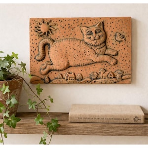Barbara Sexton Terracotta Cat Plaque, Folk Art Pottery Wall Hanging, Signed 1990s Cat Lover