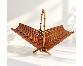 Vintage Mid Century Folding Bamboo Fruit Basket | Sculptural Teak Wood Slat Bowl | Scandinavian-modern  Collapsible Basket / MCM Decor