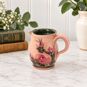 Vintage Hand-Thrown Studio Pottery Pitcher, Blush-Pink Glaze, Artisan Hand-Painted Roses