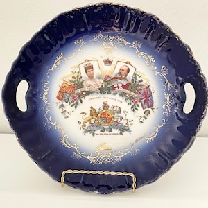 Antique 1902 Coronation Plate: King Edward VII, Queen Alexandra, Cobalt Blue Gilt Serving Dish