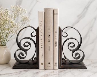 Metal Scroll Bookends Pair Dark Bronze/Black Iron Style, Library, Office, Book Ends