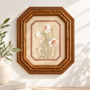 1980s Homco Vintage Octagonal Faux Bamboo Framed Floral Print / Signed Botanical Wall Art | Cottagecore Decor