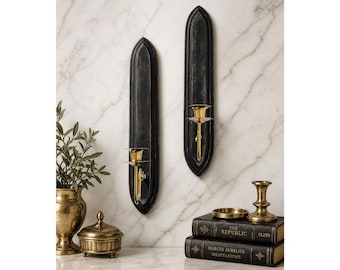 Vintage Gothic Revival Black Wood Brass Sconces, Dark Academia Candle Holders