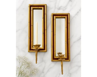 Vintage Hollywood Regency Style Mirror Wall Sconces, Gold-Toned Faux Bamboo, Candle Holders