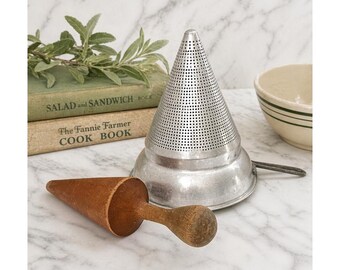 Vintage Wear Ever Aluminum Chinois Strainer with Wooden Pestle, Mid-Century Kitchen Tool