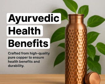 Bottiglia di rame martellato puro al 100% Ayurveda da 1 litro con texture fatta a mano - Bottiglia d'acqua in rame martellato - Riutilizzabile, disintossicante - Regalo