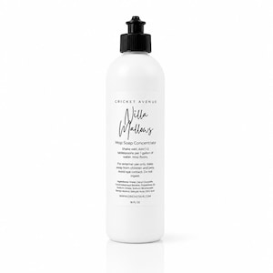 May include: A white bottle of "Villa Wallows" mop soap concentrate with a black pump top. The label includes instructions and the brand name "Cricket Avenue". The bottle contains 16 fl oz of product.