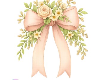 Watercolor Floral Pink Coquette Bow PNG Clipart (Digital Download)