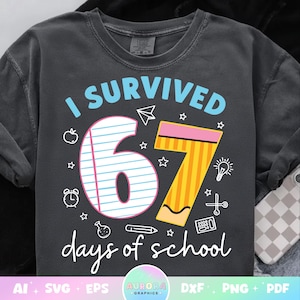 May include: Dark gray t-shirt with the text "I SURVIVED 67 days of school." The number 67 is designed as a notebook and a pencil. The shirt also features school-themed graphics like stars, an apple, and a lightbulb.