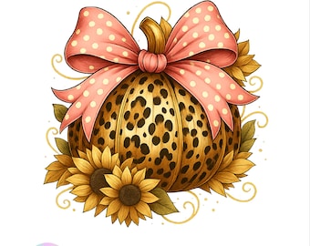 Luipaardpompoen met stippenstrik PNG: herfstontwerp (digitale download)