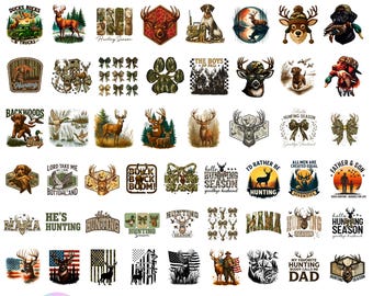 May include: A collection of 51 hunting-themed PNG designs. The designs include deer, ducks, bows, paw prints, and text such as "Hunting Season," "Buck Boom," and "My Favorite Hunting Dad." The designs are in various colors and styles.