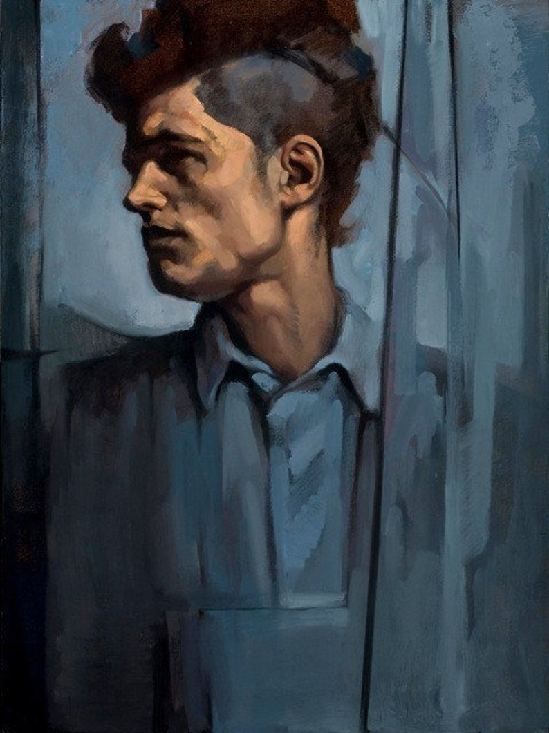 Oil painting portrait man profile blue gray architecture | Etsy