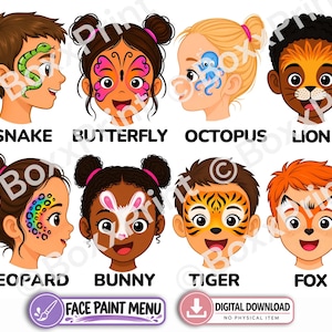 Può includere: Un menu di truccabimbi in download digitale con otto illustrazioni di bambini con vari disegni sul viso, tra cui un serpente verde, una farfalla rosa, un polpo blu, un leone, macchie di leopardo, un coniglio bianco, strisce di tigre e una maschera da volpe.