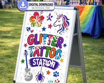 Colorful Glitter Tattoo Station Poster | Printable Event Sign | Glitter Tattoo Booth Decor (Digital Download)