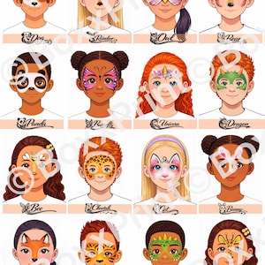 Könnte beinhalten: Illustrationen von Kindern mit Gesichtsbemalungen, die verschiedene Tiere und Kreaturen darstellen, darunter Hund, Eule, Bär, Panda, Schmetterling, Einhorn, Drache, Biene, Gepard, Katze, Hase, Fuchs, Tiger und Giraffe. Jedes Kind trägt ein weißes T-Shirt.