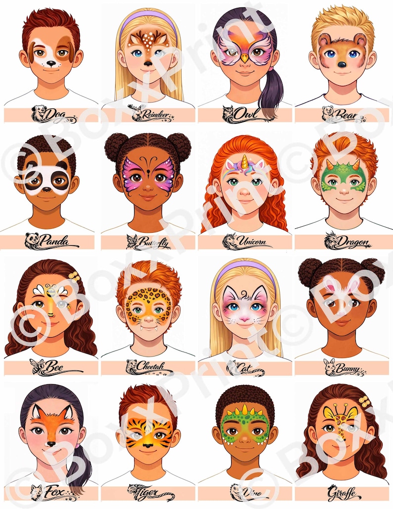 16 Simple Face Paint MENU - Face Paint Animals Designs - MENU BOARDS ...