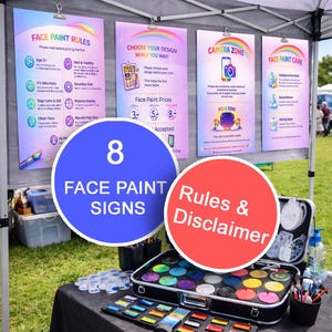 Bundel schminkborden | 8 afdrukbare borden voor schminkstandaard | Regels, prijzen, wacht hier, pauze, camerazone | Schminkset voor evenementen