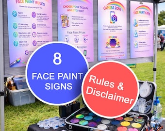 Face Paint Sign Bundle | 8 Printable Signs for Face Painting Stand | Rules, Prices, Wait Here, Break, Camera Zone | Event Face Painter Kit
