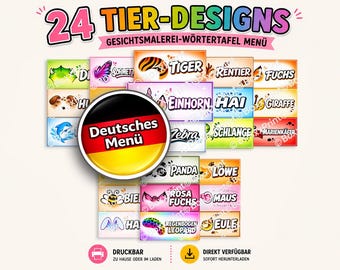 DEUTSCHE VERSION 24 Tier Kinderschminken Wort Menü | Druckbare Face Painting Schilder | Perfekt für Face Painter Displays | Sofort-Download
