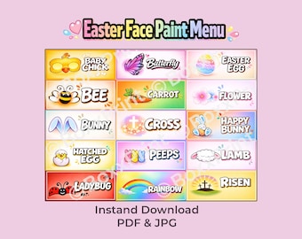 Menús de pintura facial de Pascua / 15 diseños: conejito, pollito, huevo (descarga digital)