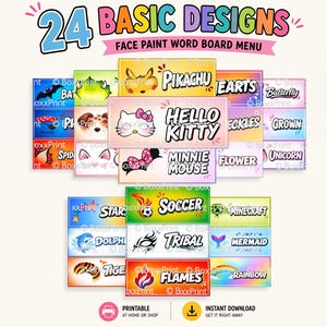 Può includere: Un colorato menu di pittura per il viso con 24 disegni di base. I disegni includono Pikachu, Hello Kitty, Minnie Mouse e altro ancora. Il menu include il testo "24 BASIC DESIGNS FACE PAINT WORD BOARD MENU".