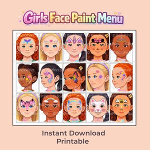 15 Facepainting Menüvorlagen für Mädchen – Druckbare Designs mit Text | Einhorn, Regenbogen, Schmetterling, Prinzessin & mehr