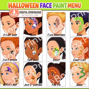12 Quick HALLOWEEN Face Paint MENU BOARDS – Printable Simple Face Painting Designs with Text | Ghost, Bats,  Skull, Candy Corn & More