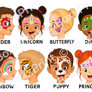 Menypaket med ansiktsmålning för barnkalas | Enkla ansiktsmålningsskyltar | Enhörning, prinsessa, fjäril, tiger, spindel, dinosaurie