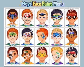 15 Facepainting Menüvorlagen für Junga – Druckbare Designs mit Text | Spiderman, Pirat, Fußball, Turtle & mehr