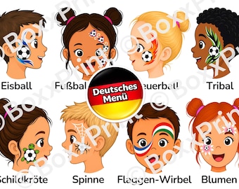 DEUTSCHE VERSION – Fußball Weltmeisterschaft Face Paint Menü Vorlagen | Einfache Kinderschminken Vorlagen – Din A4 PDF Sofortdownload