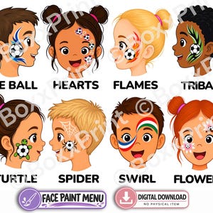 Pacote de Pintura Facial Simples para Crianças | Placas para Pintura Facial | Pintura Facial da Copa do Mundo | Festas de Futebol