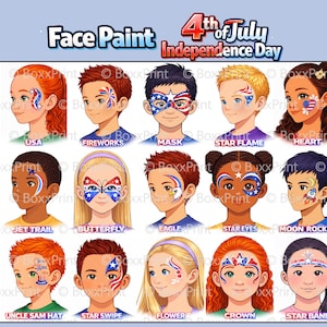 Könnte beinhalten: Grafik mit Kindern mit verschiedenen Gesichtsbemalungen zum 4. Juli. Designs umfassen Sterne, Streifen und patriotische Themen. Der Text lautet "Face Paint" und "4th of July Independence Day".