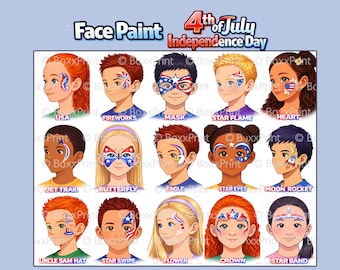 4. Juli Face Paint Menüboard | Independence Day Facepainting Designs | Druckbares USA Face Paint Menü | 15 Designs + Übersichts-PDF
